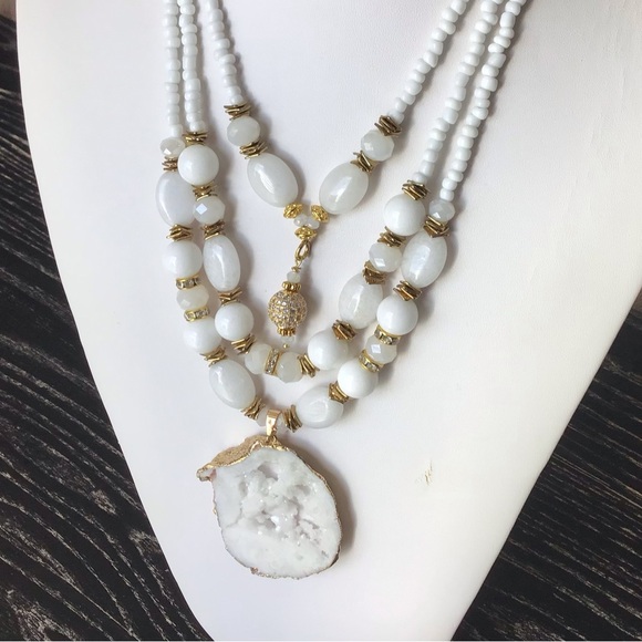 White Gold Bronze Druzy Pendant Necklace, Multi Layers White Stone Crystals Neck - Picture 10 of 10